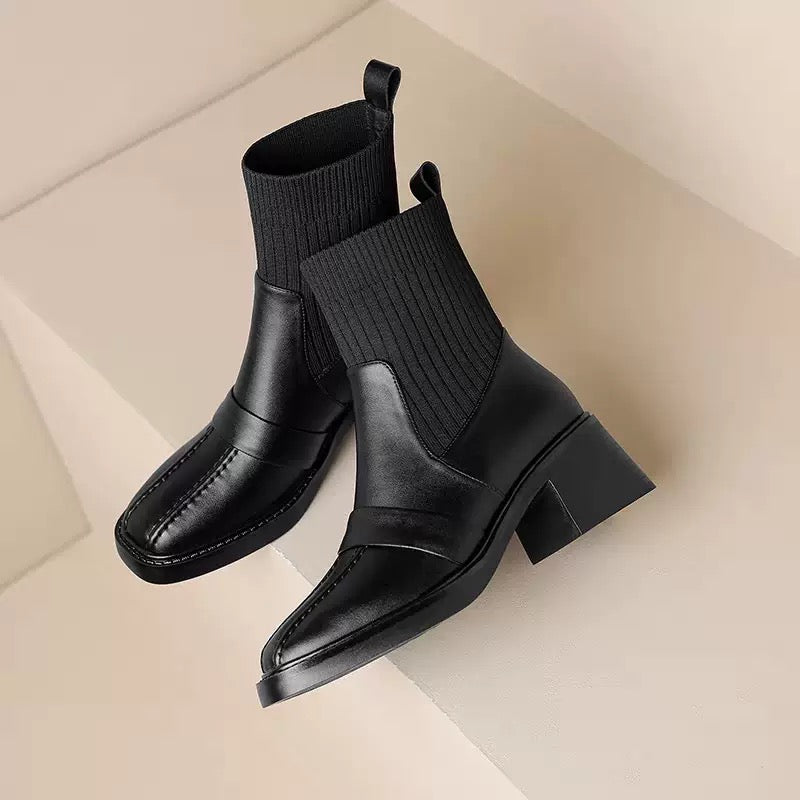 Bottines Chaussettes à Talon Bloc carré et Détail Mors