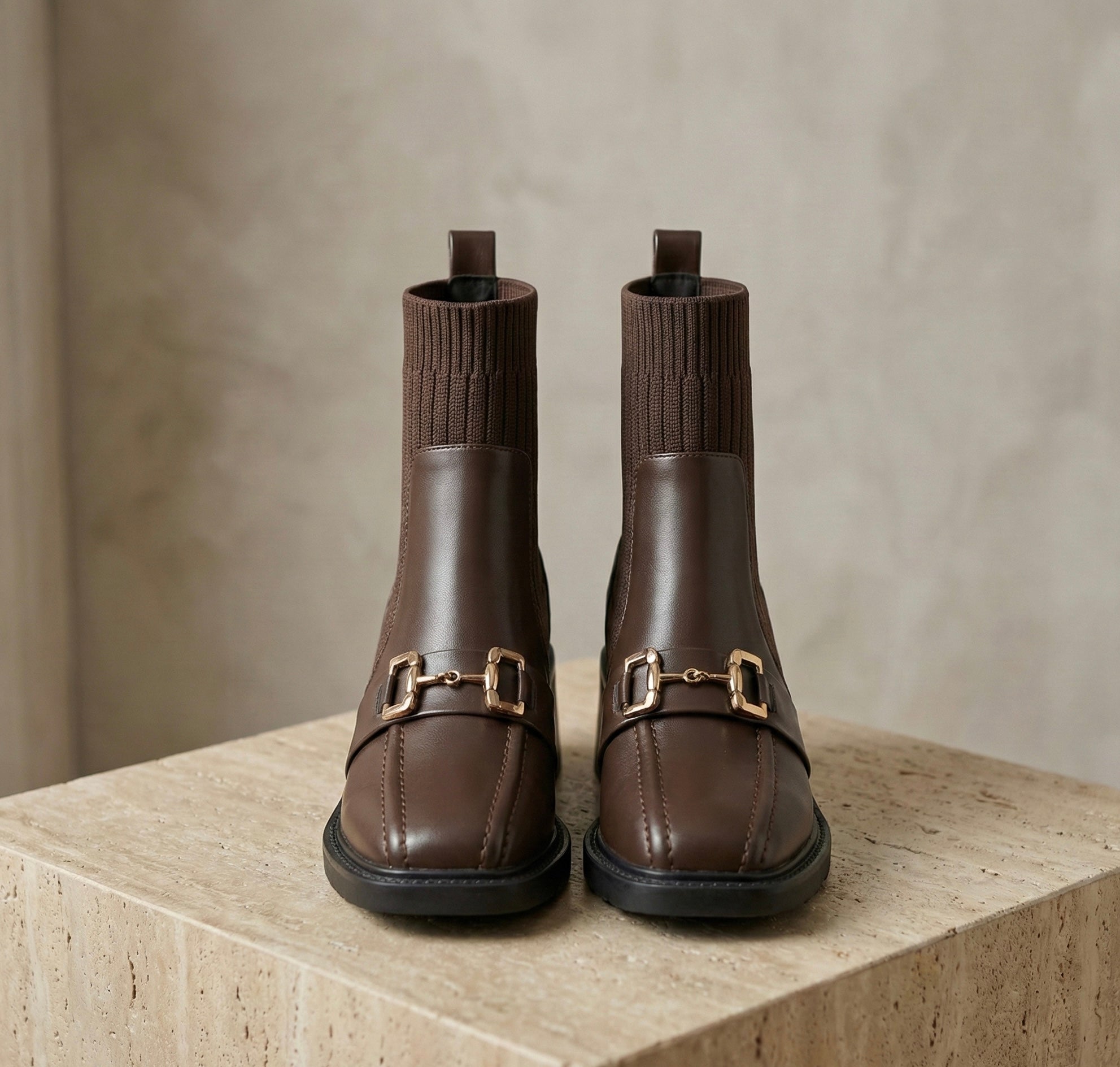 Bottines Chaussettes à Talon Bloc carré et Détail Mors