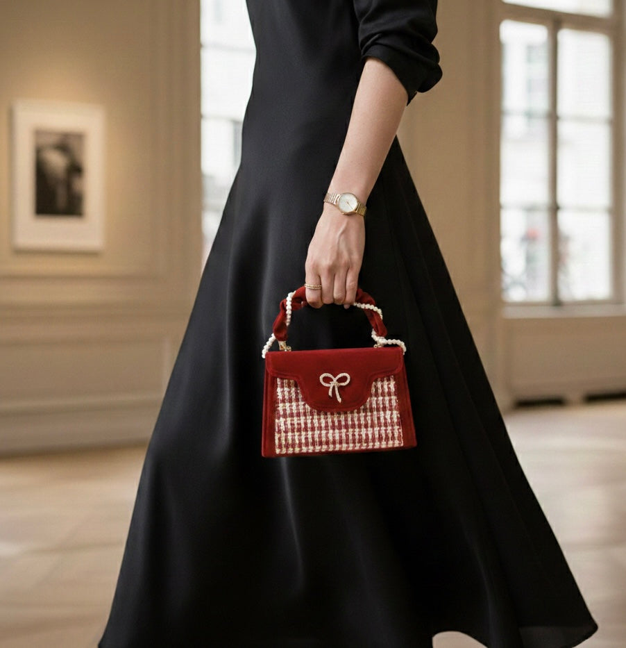 Sac à main en velours et tweed à poignée orné de perles _ SAKIWE