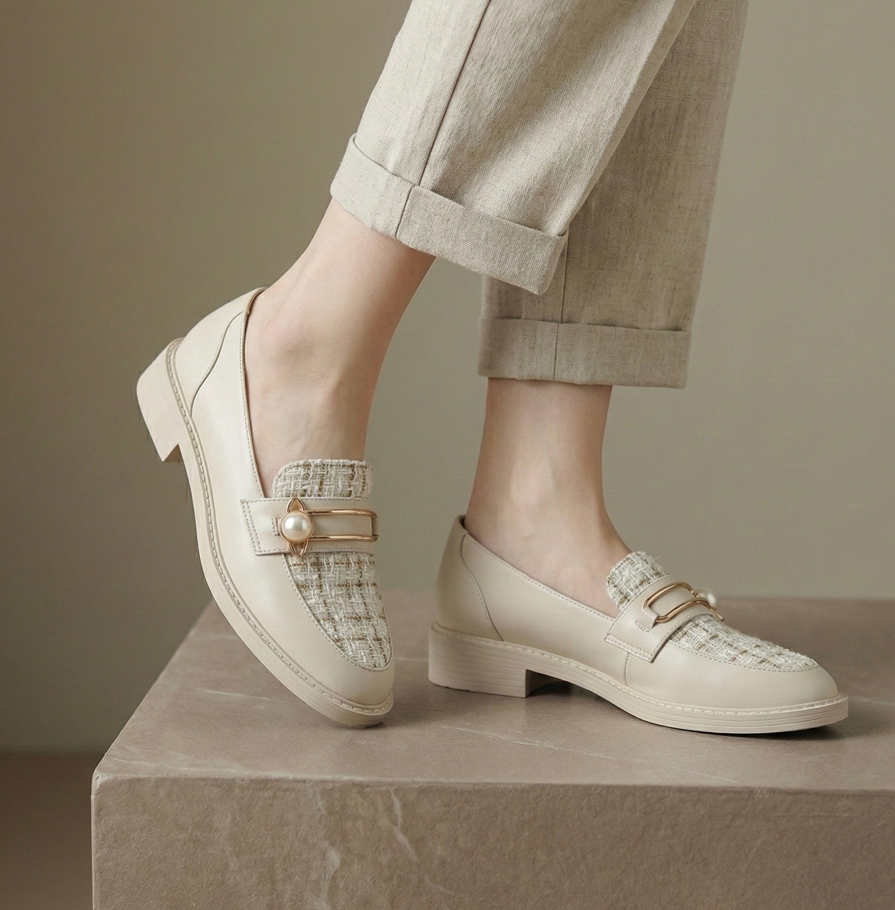 Mocassins Saki Couture Bi-Matière à Détail Perle