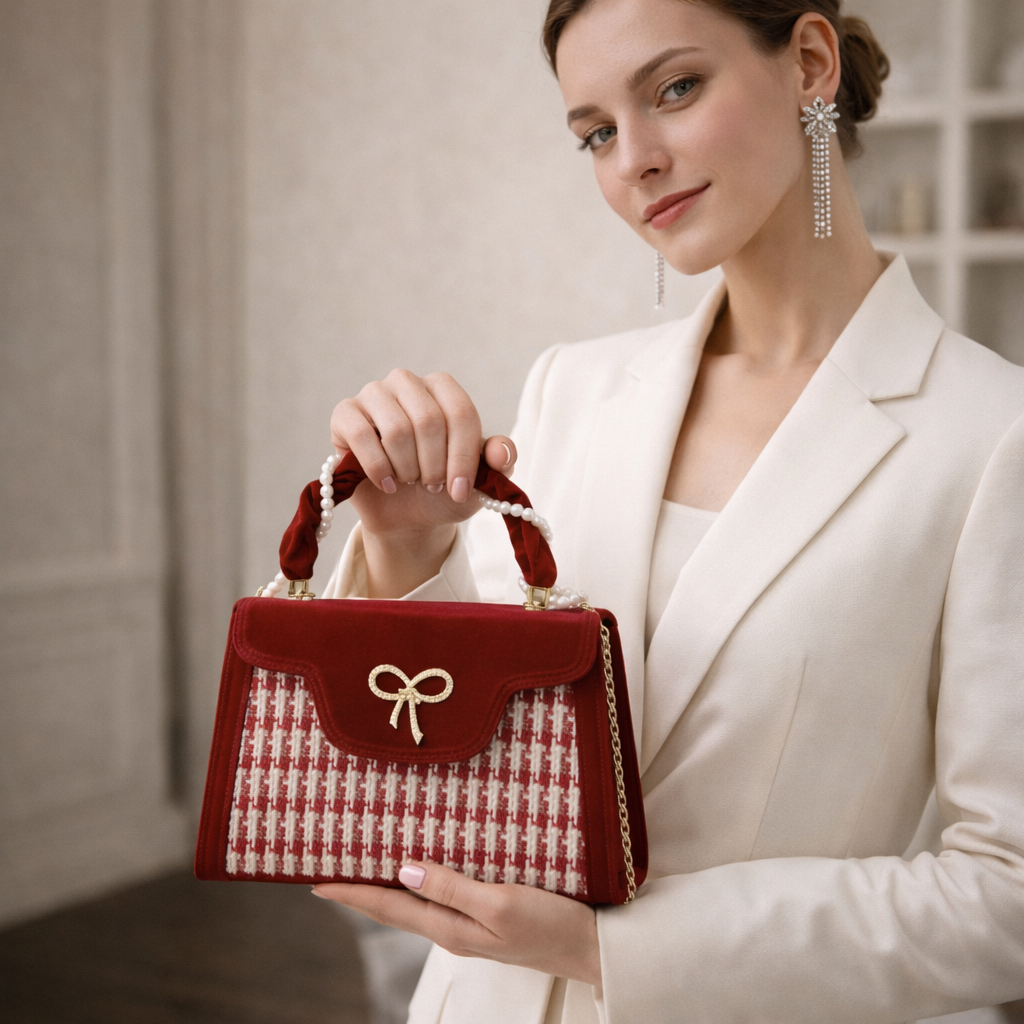 Sac à main en velours et tweed à poignée orné de perles _ SAKIWE