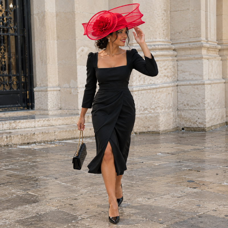 Chapeau de cérémonie rouge sculptural à fleur et voile en résille