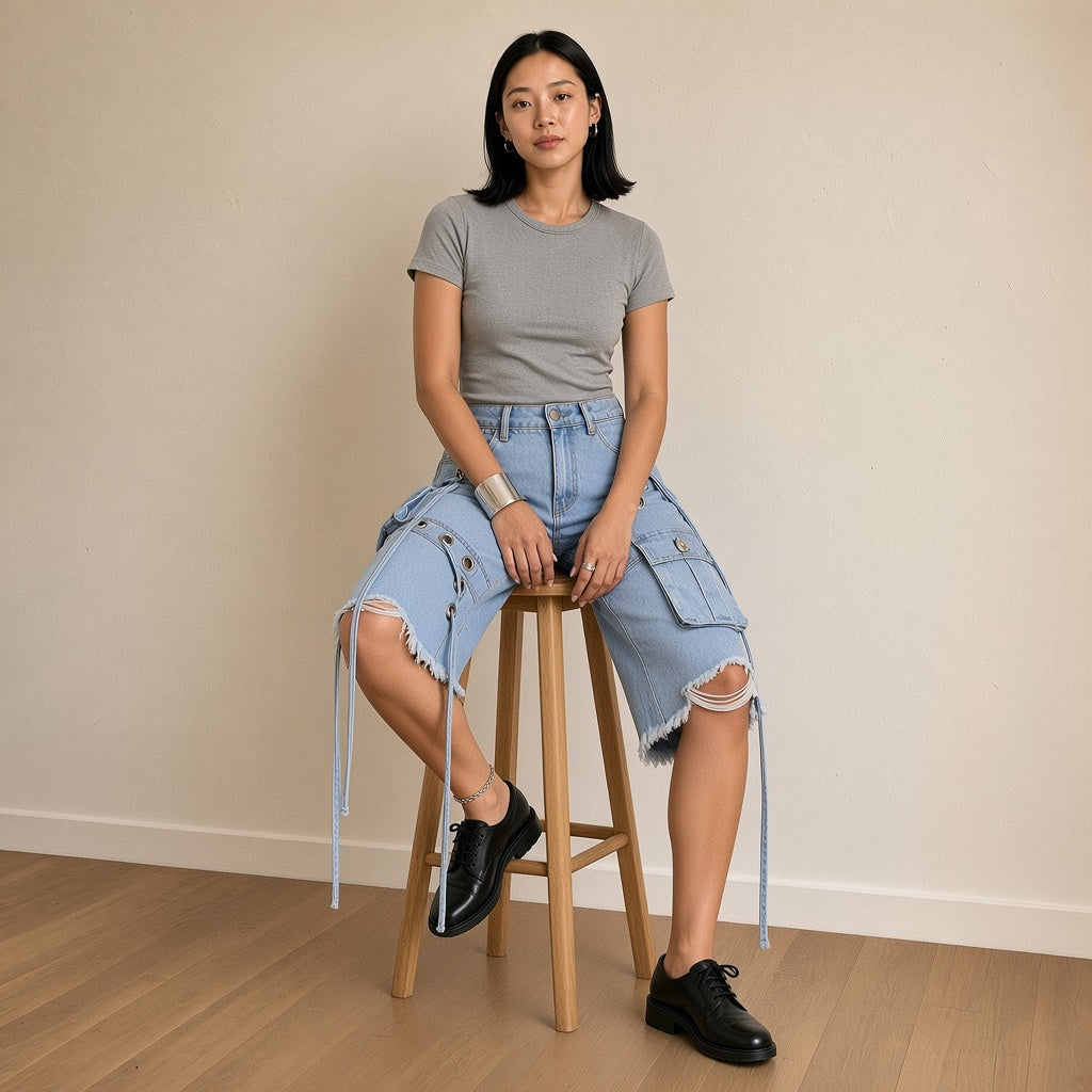 Bermuda en jean bleu clair à poches cargo porté assise sur un tabouret – SAKIWÉ