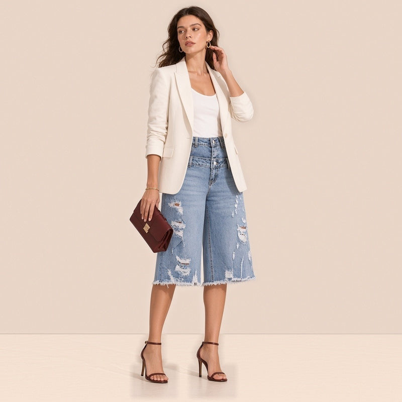 Bermuda en jean bleu à double ceinture boutonnée porté de trois quarts avec blazer ivoire et pochette bordeaux