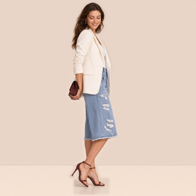 Profil du bermuda en jean bleu à jambes larges et déchirures, porté avec blazer ivoire et sandales à talons