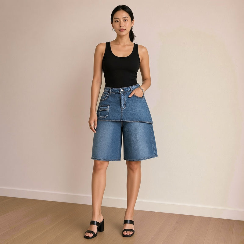Bermuda large en jean bleu vintage effet jupe superposée, vue de face – SAKIWÉ