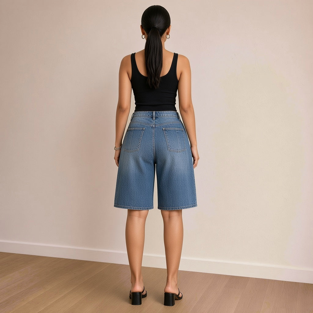 Bermuda en jean bleu vintage, vue de dos avec deux poches arrière – SAKIWÉ