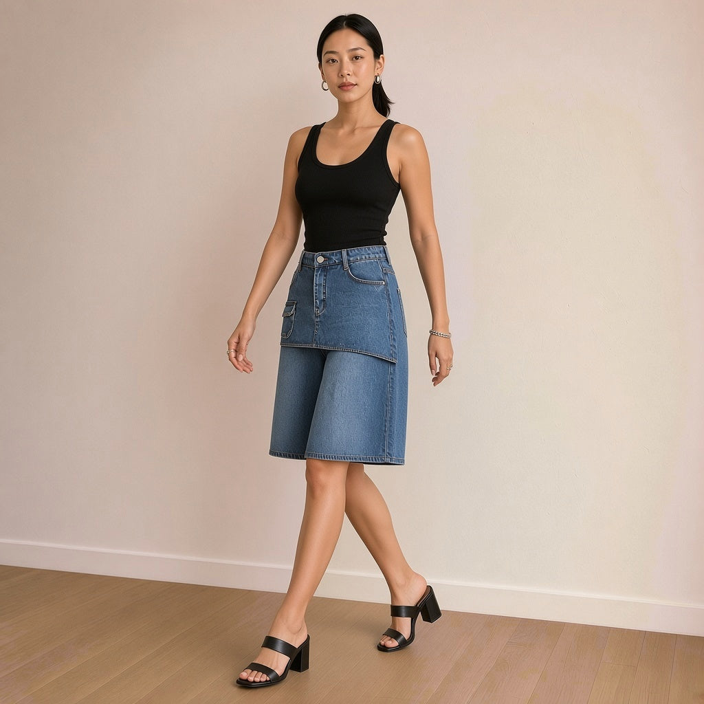 Bermuda large en jean bleu vintage porté en marchant – SAKIWÉ