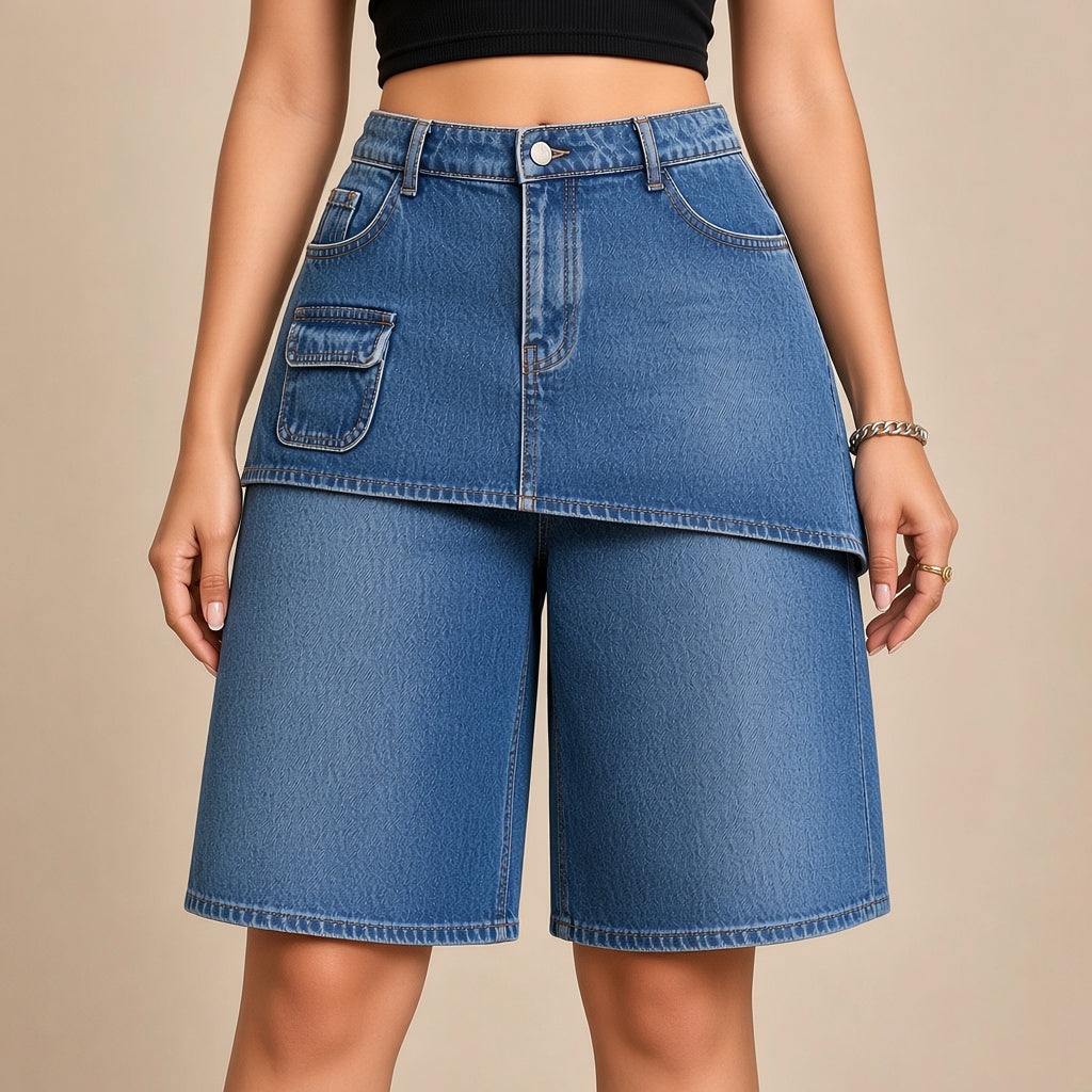 Détail du pan superposé et de la poche à rabat du bermuda en jean – SAKIWÉ