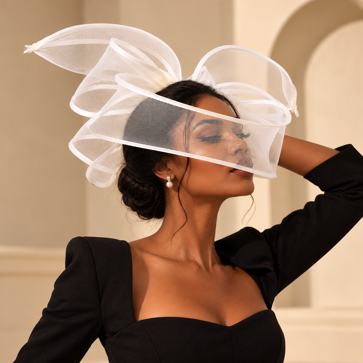 Bibi blanc sculptural, profil avec bras levé
