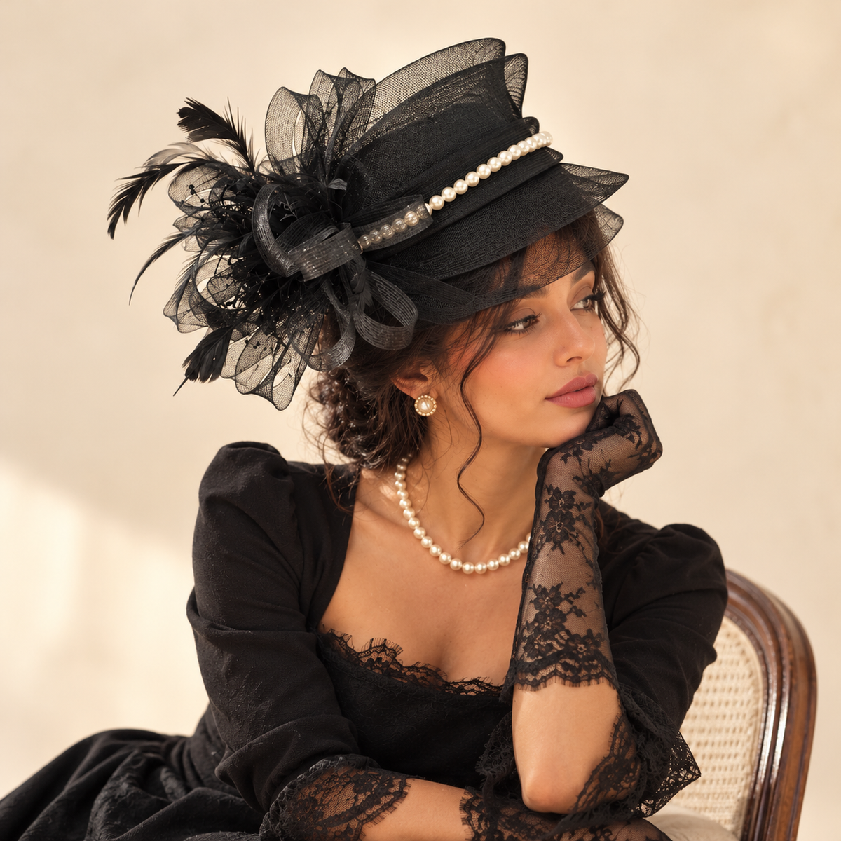 Bibi noir à perles et plumes – portrait sur fond beige clair