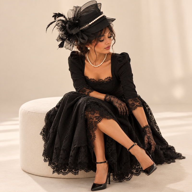 Bibi noir à perles et plumes – posture sur pouf