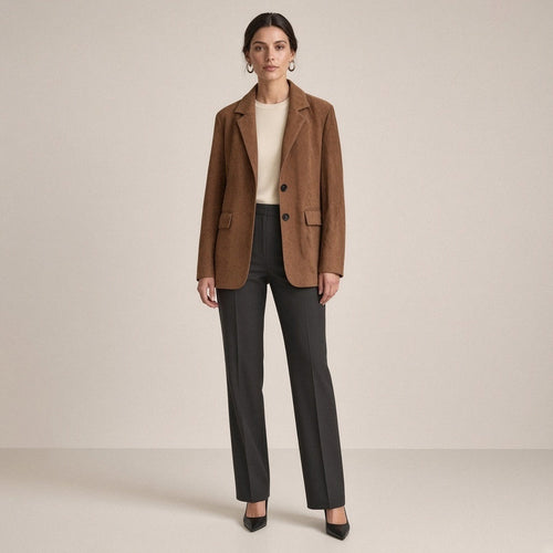 Blazer mi-long en daim de mouton brun tabac SAKIWE porté fermé, vue de face