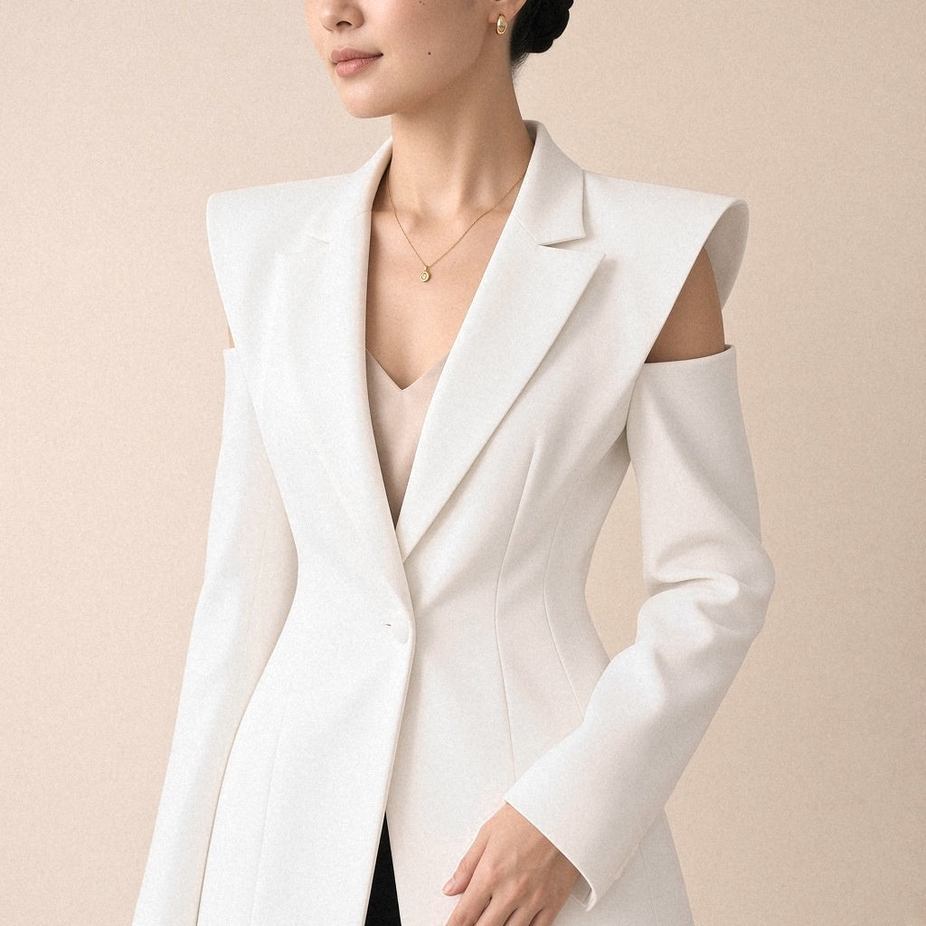 Blazer long cintré à épaules structurées SAKIWE, coloris blanc, détail des épaules structurées et des ouvertures
