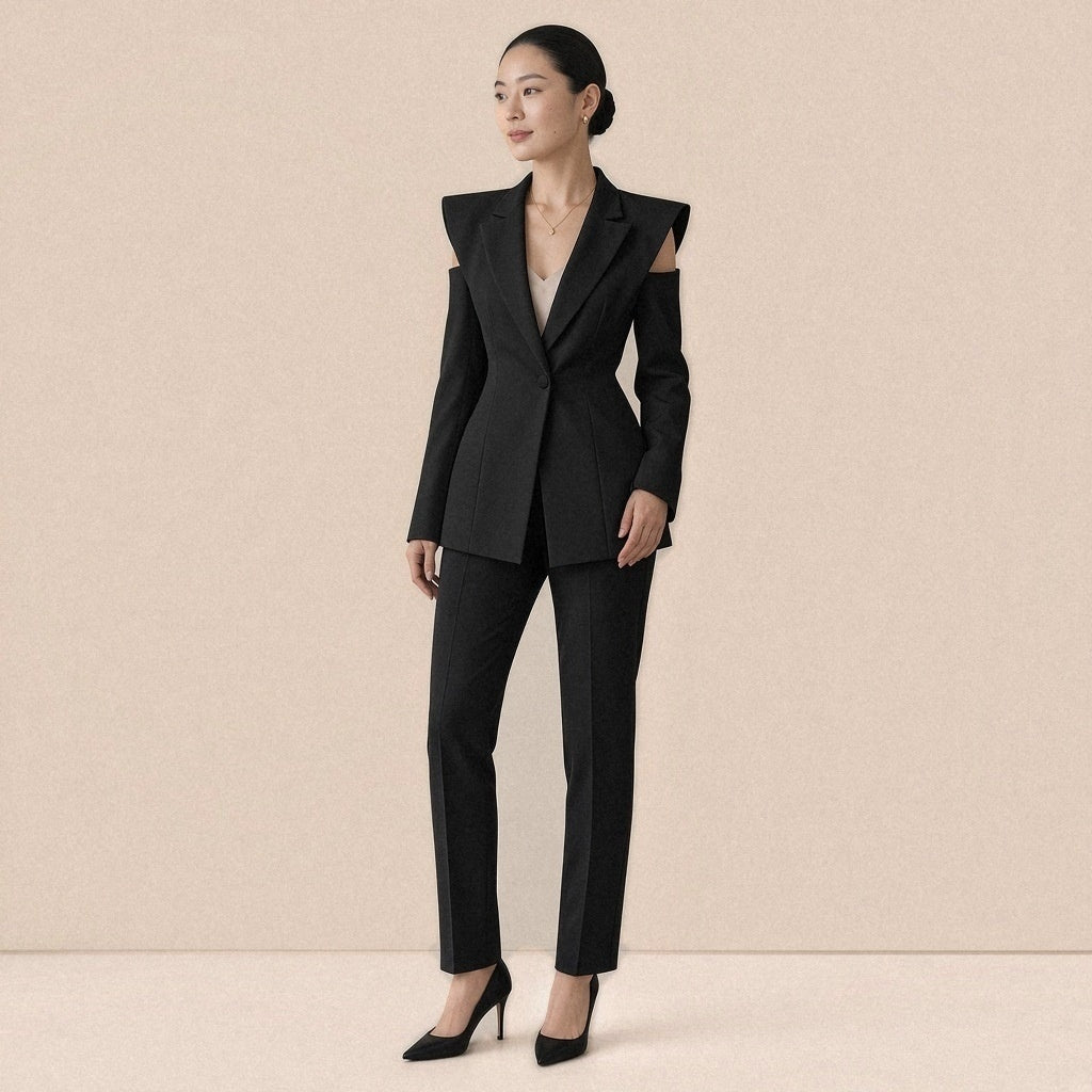 Blazer long cintré à épaules structurées SAKIWE, coloris noir, vue de face
