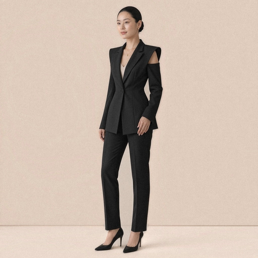 Blazer long cintré à épaules structurées SAKIWE, coloris noir, vue de trois-quarts