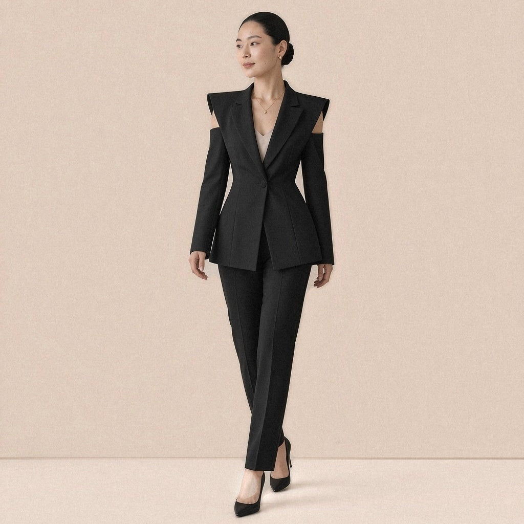 Blazer long cintré à épaules structurées SAKIWE, coloris noir, en marche