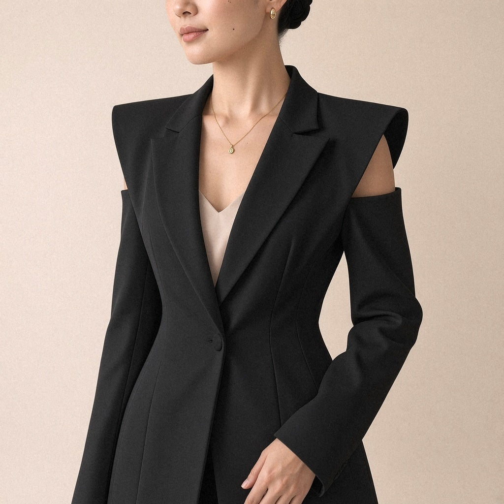 Blazer long cintré à épaules structurées SAKIWE, coloris noir, détail des épaules structurées et des ouvertures