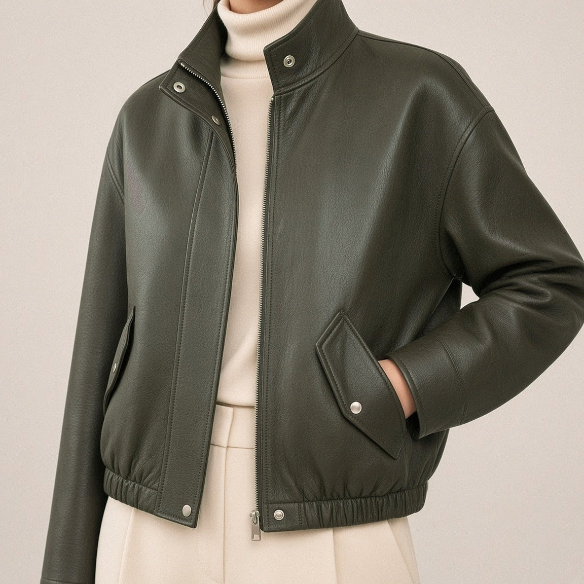 Détail du col montant et du zip argenté du blouson vert olive foncé