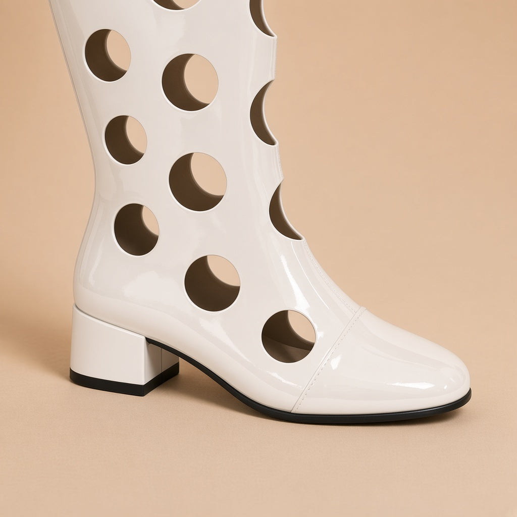 Botte haute ajourée effet vinyle blanc cassé, détail du talon carré et des découpes
