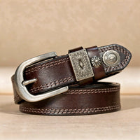 Ceinture cuir marron détail couture double et médaillon