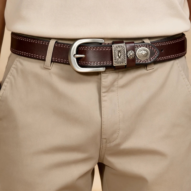Ceinture cuir marron boucle argent vue portée face