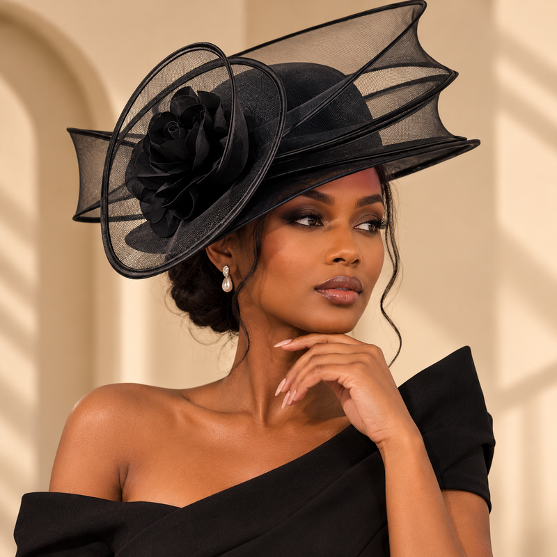 Chapeau de cérémonie noir à fleur – portrait trois quarts