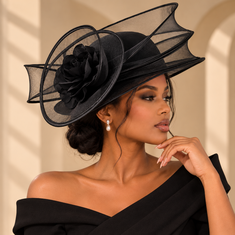 Chapeau de cérémonie noir à fleur – pose élégante