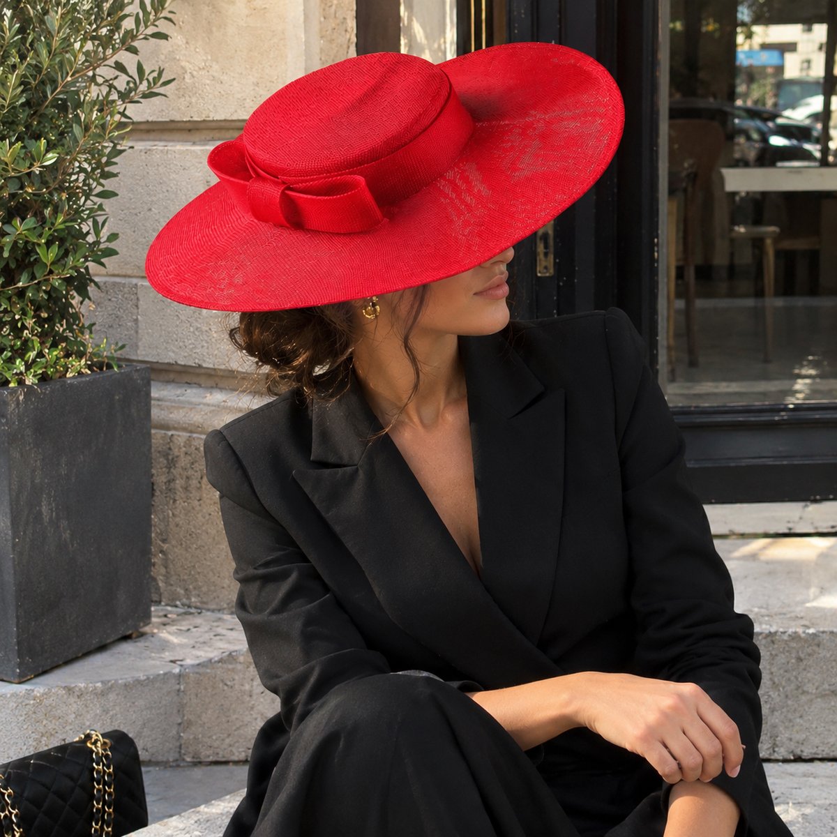 Chapeau rouge à large bord Éclat Rubis – assise marches