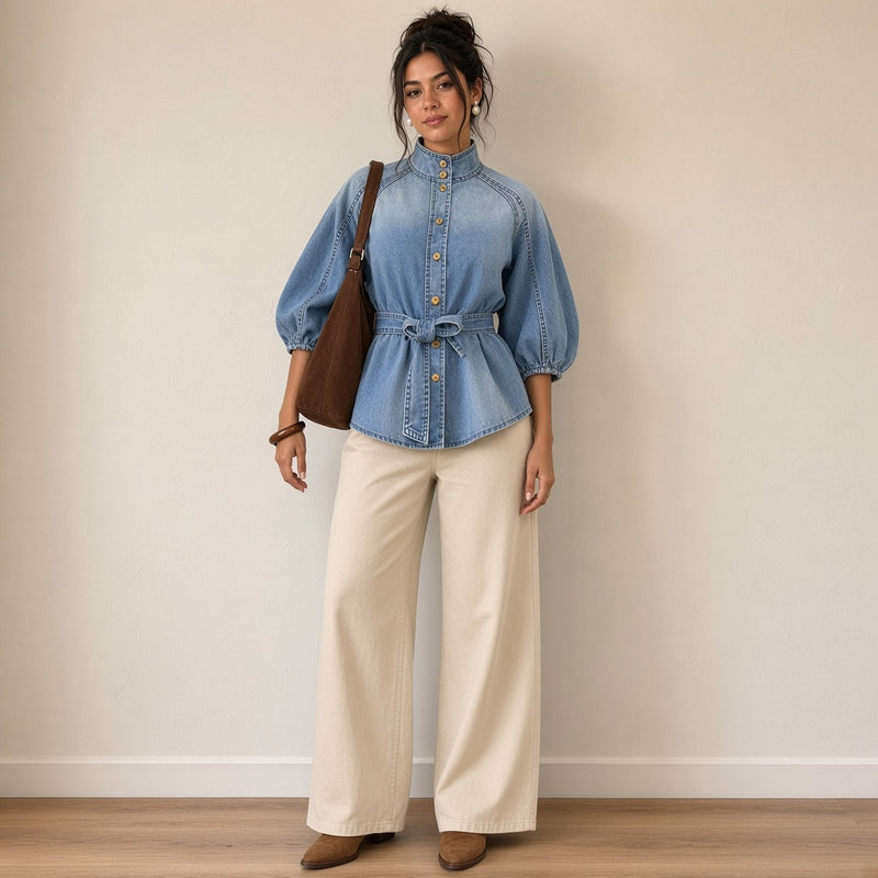 Chemise en jean délavé à manches ballon et ceinture nouée, vue de face en pied – SAKIWÉ