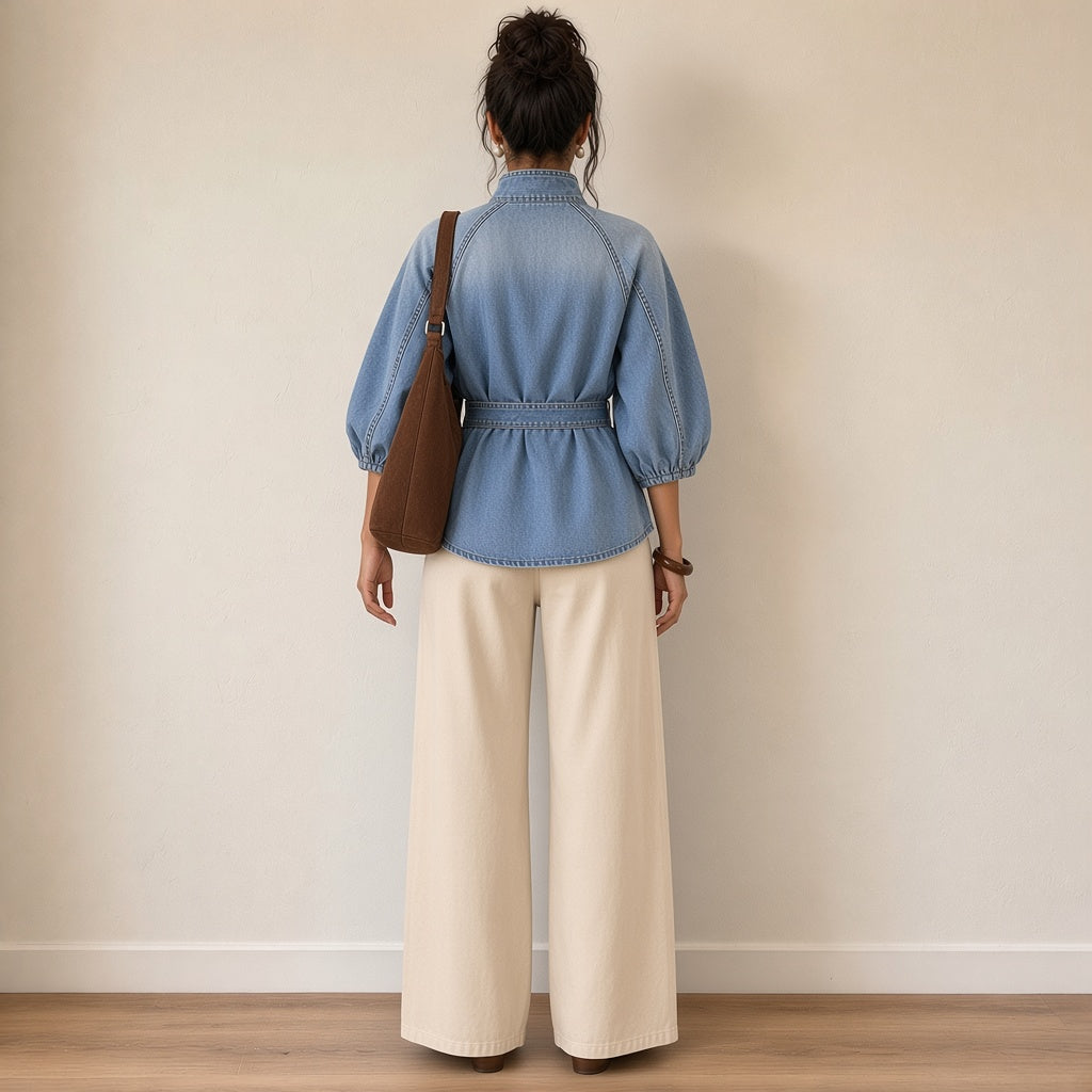 Chemise en jean délavé à manches ballon, vue de dos – SAKIWÉ