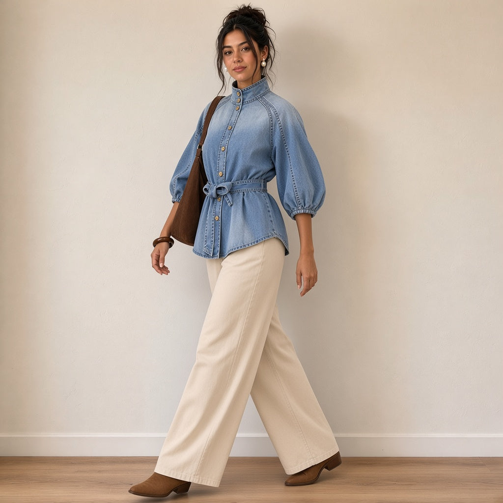 Chemise en jean délavé à manches ballon, de trois-quarts en marchant – SAKIWÉ