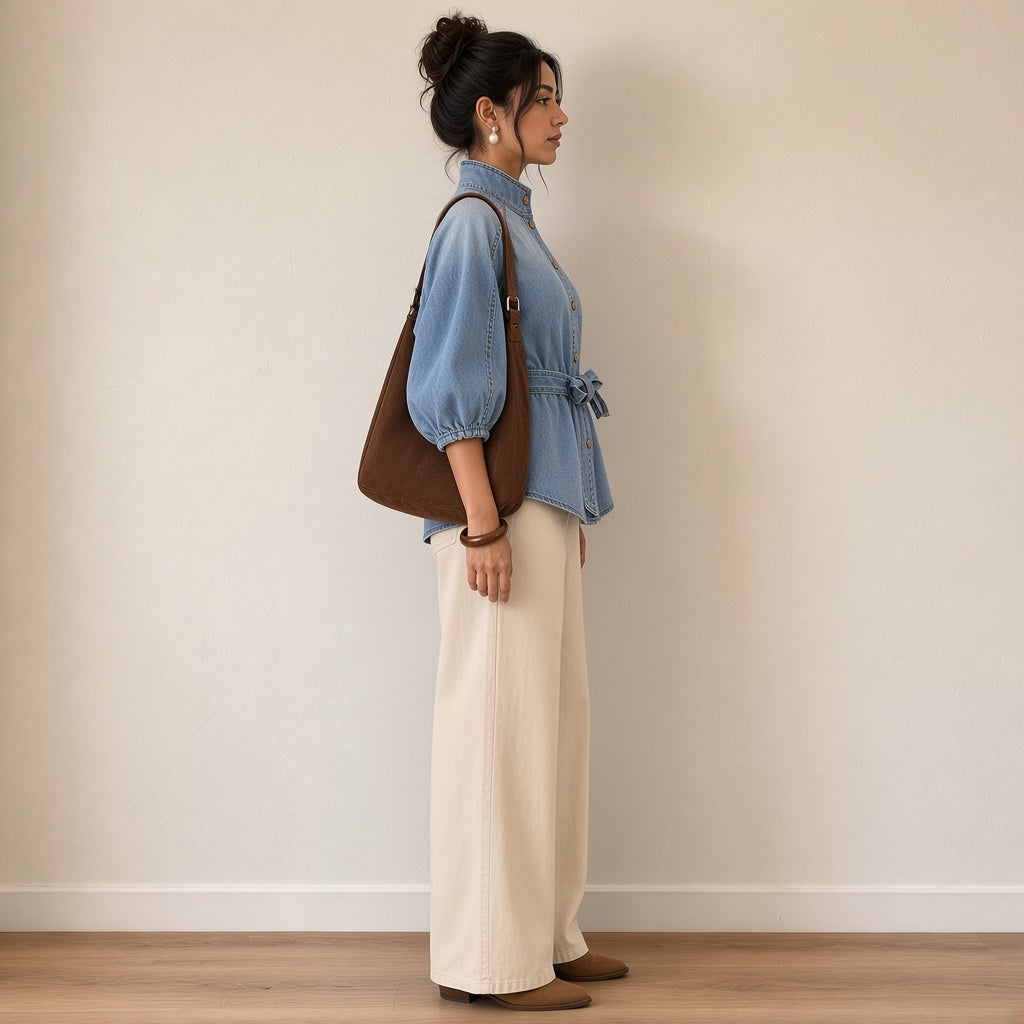 Chemise en jean délavé à manches ballon, vue de profil – SAKIWÉ