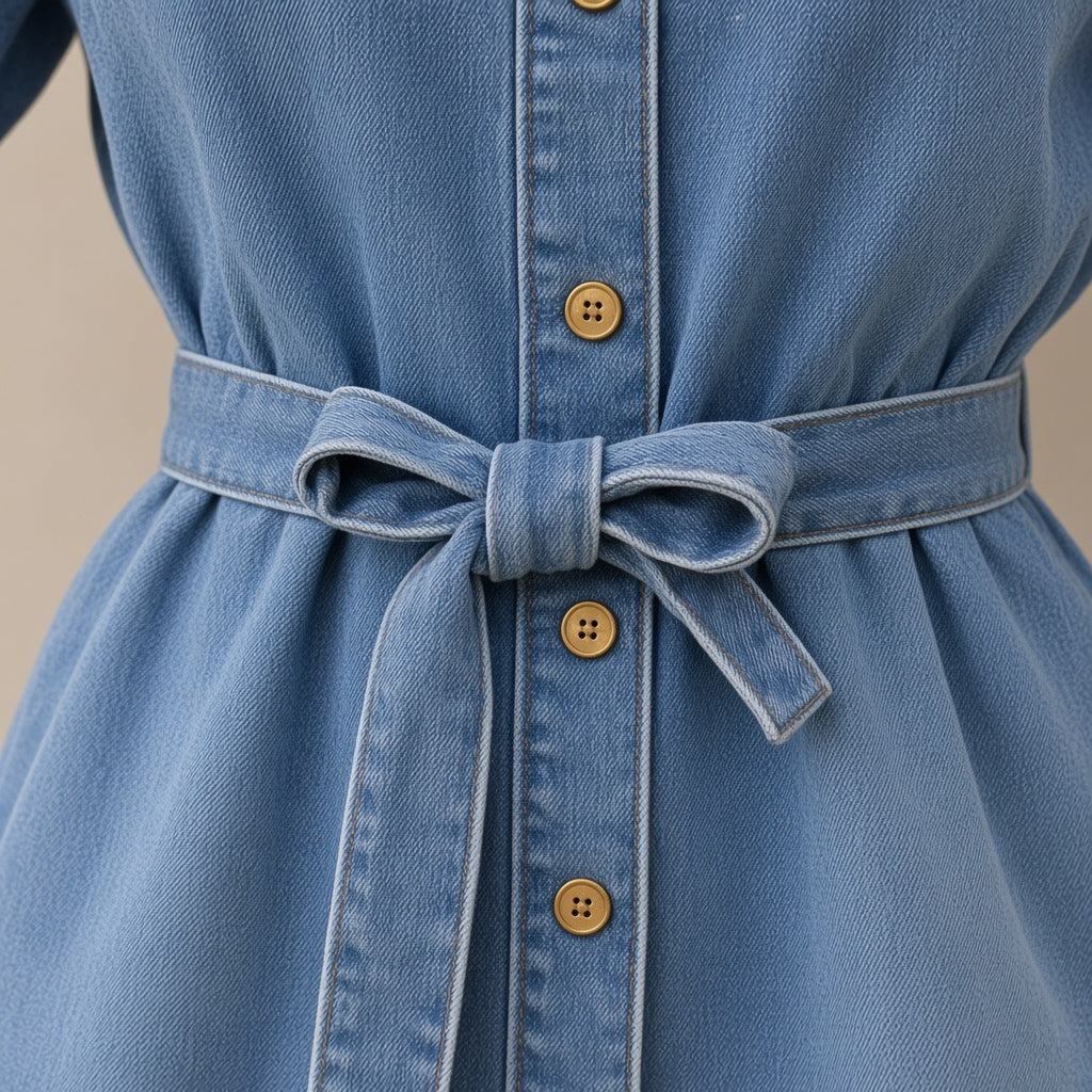 Détail de la ceinture nouée, des boutons dorés et du grain du denim délavé – SAKIWÉ