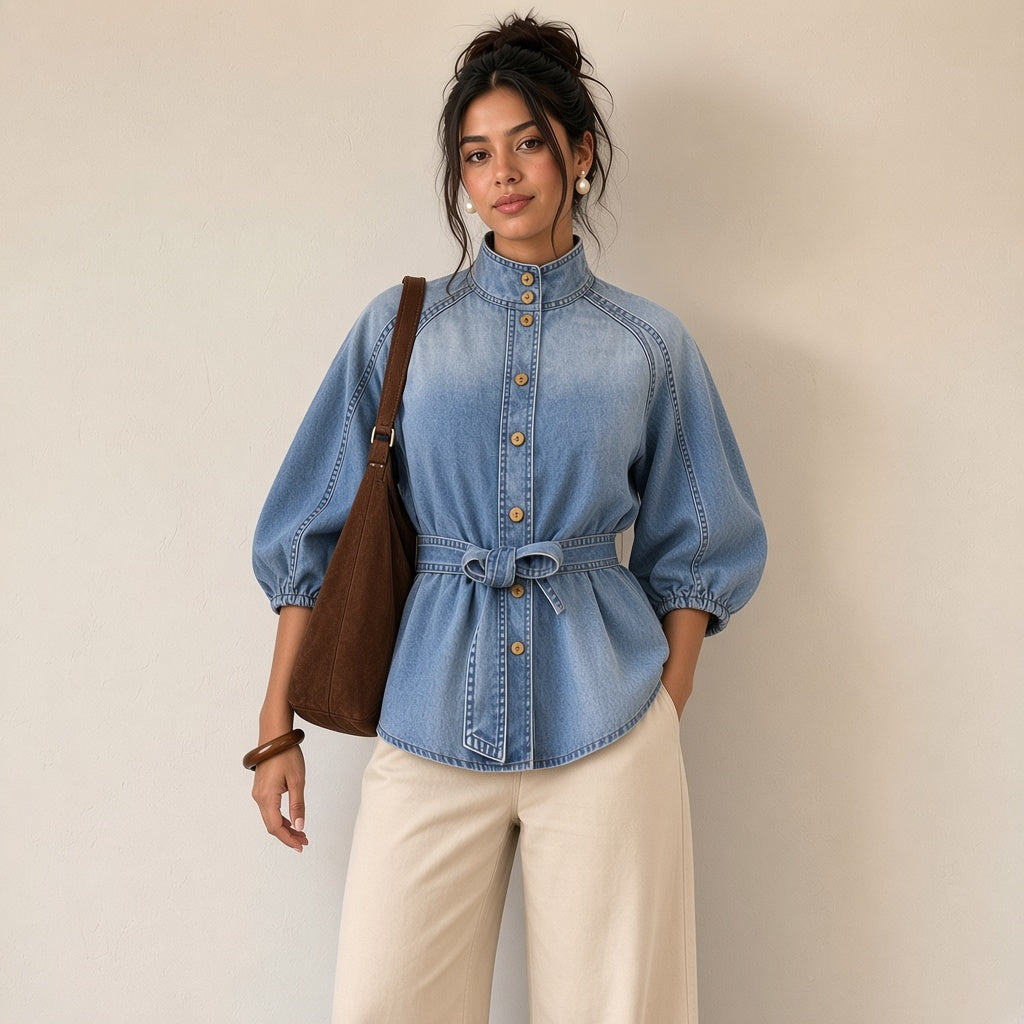 Chemise en jean délavé à manches ballon et ceinture nouée portée, plan jusqu'aux genoux – SAKIWÉ