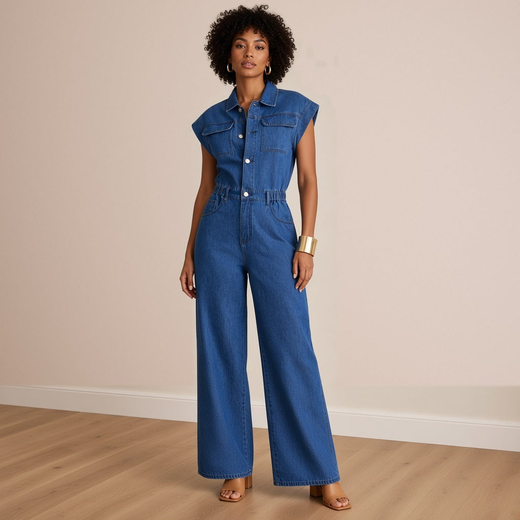 Combinaison en jean bleu sans manches à jambes larges, vue de face en pied – SAKIWÉ