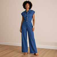 Combinaison en jean bleu sans manches à jambes larges, vue de face en pied – SAKIWÉ