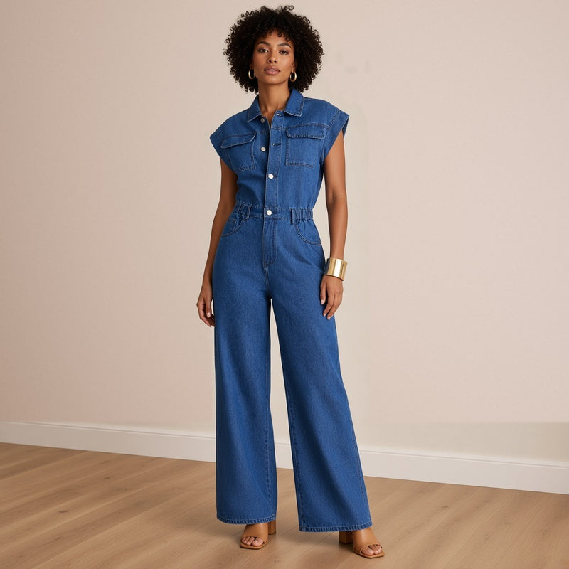 Combinaison en jean bleu sans manches à jambes larges, vue de face en pied – SAKIWÉ
