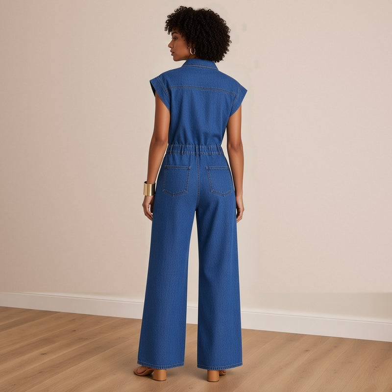 Combinaison en jean bleu, vue de dos – SAKIWÉ