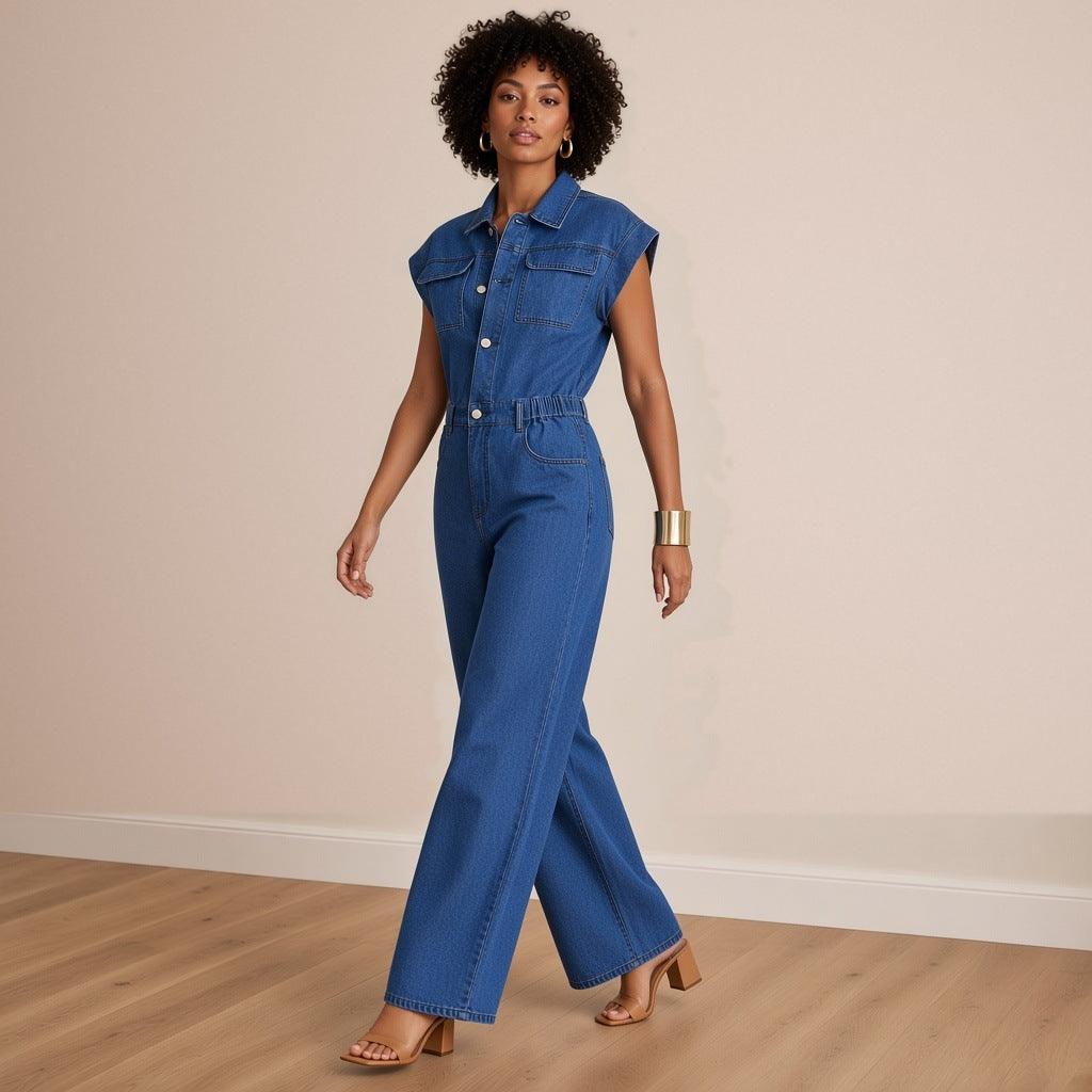 Combinaison en jean bleu portée en marchant – SAKIWÉ