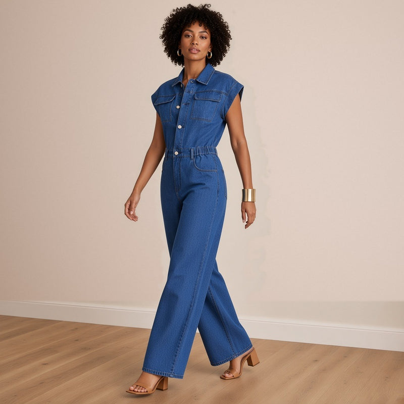 Combinaison en jean bleu portée en marchant – SAKIWÉ