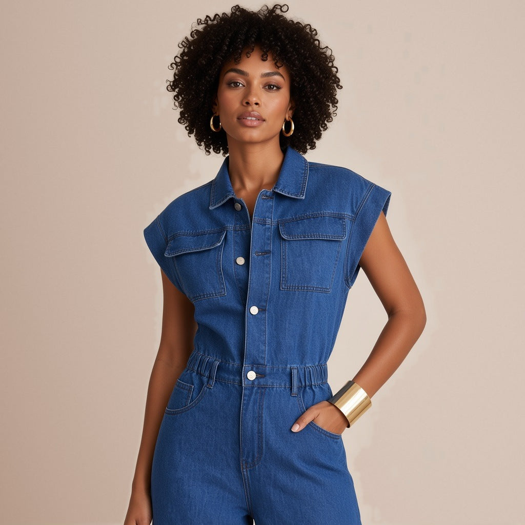 Combinaison en jean bleu à col chemise, plan buste – SAKIWÉ