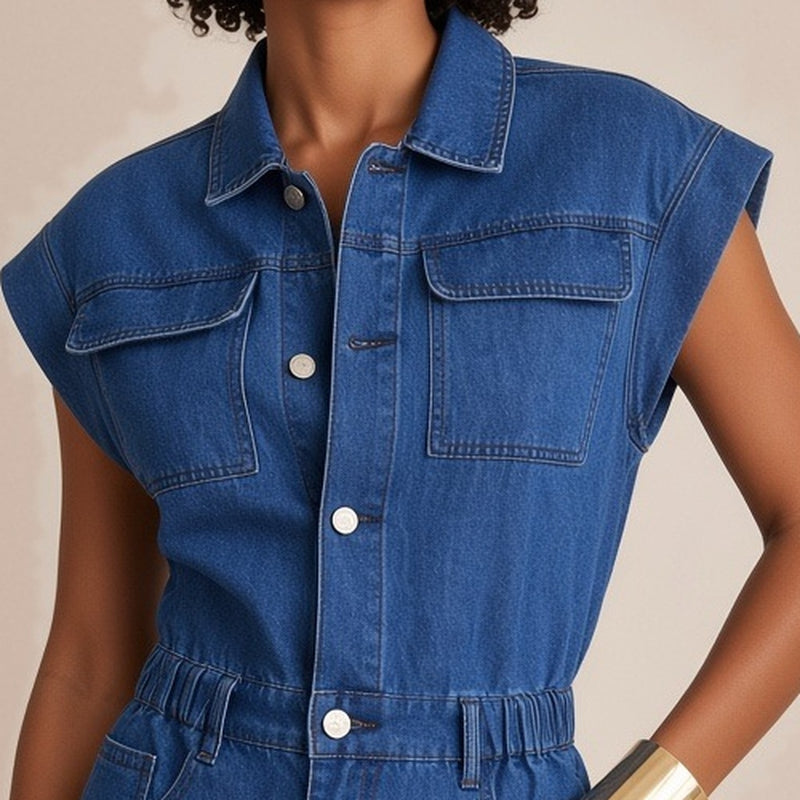 Détail des poches poitrine à rabat et du boutonnage de la combinaison en jean – SAKIWÉ