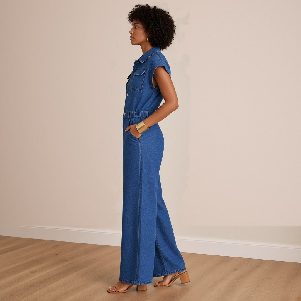 Combinaison en jean bleu jambes larges, de profil – SAKIWÉ