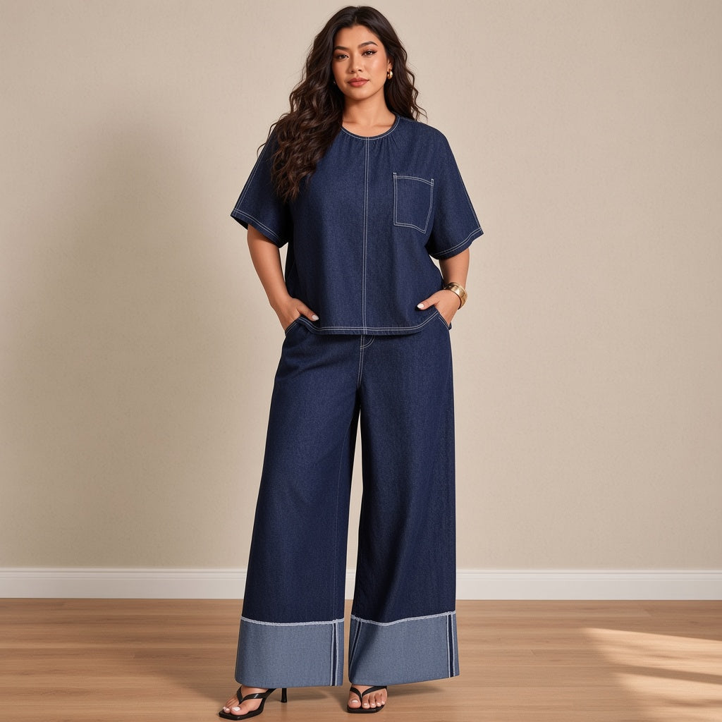 Ensemble chambray tee-shirt ample et pantalon large, bleu marine, vue de face – SAKIWÉ