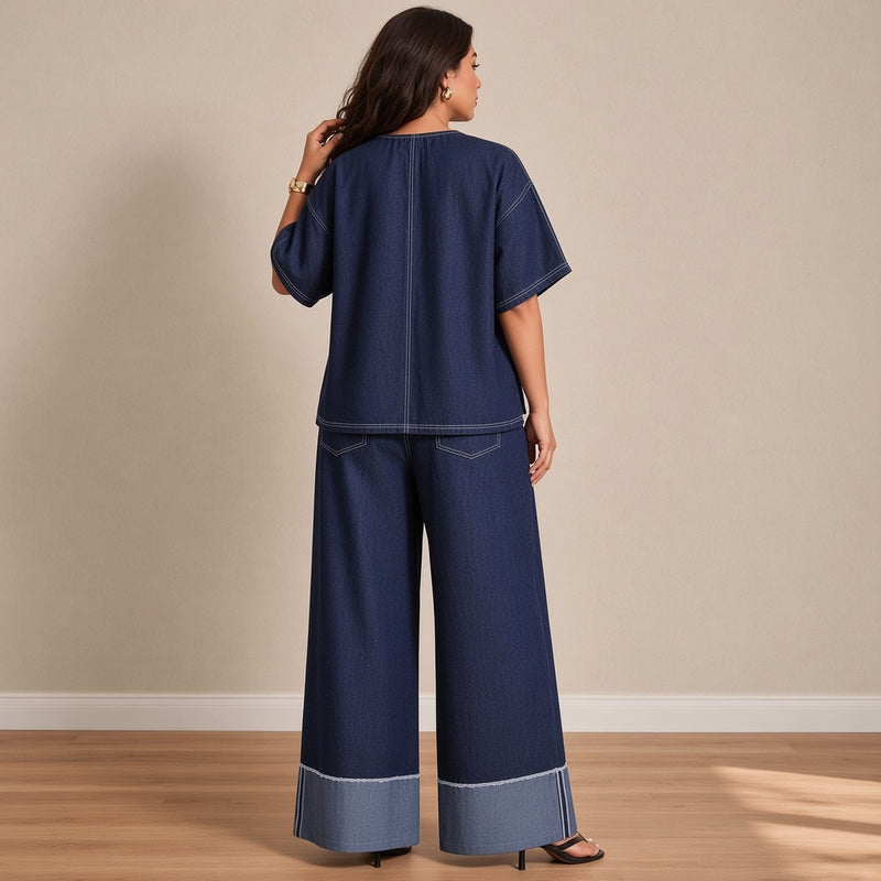 Ensemble chambray tee-shirt ample et pantalon large, bleu marine, vue de dos – SAKIWÉ