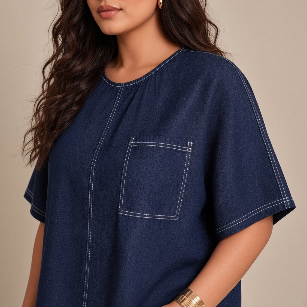 Ensemble chambray tee-shirt ample et pantalon large, bleu marine, détail des surpiqûres et de la poche – SAKIWÉ