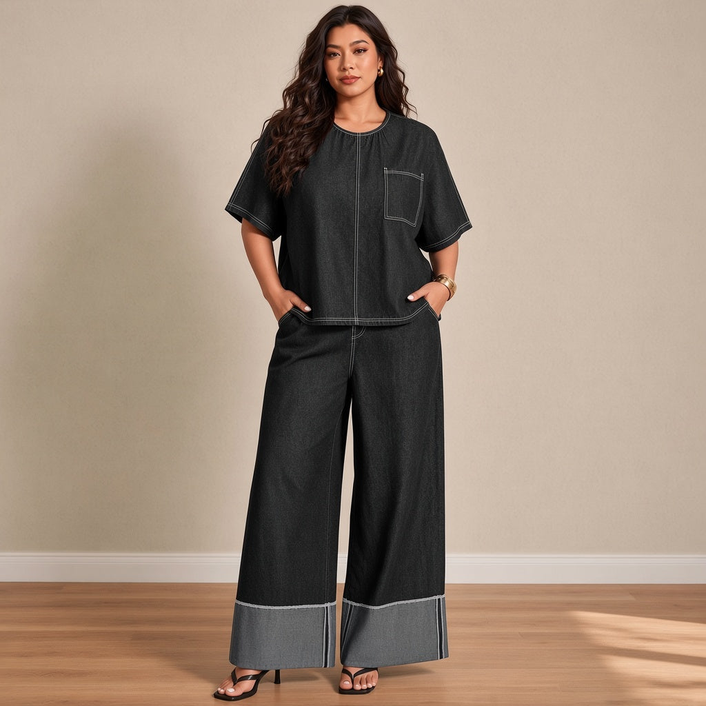 Ensemble chambray tee-shirt ample et pantalon large, noir, vue de face – SAKIWÉ
