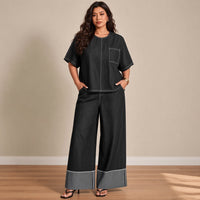 Ensemble chambray tee-shirt ample et pantalon large, noir, vue de face – SAKIWÉ