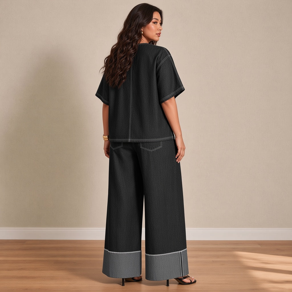 Ensemble chambray tee-shirt ample et pantalon large, noir, vue de dos – SAKIWÉ